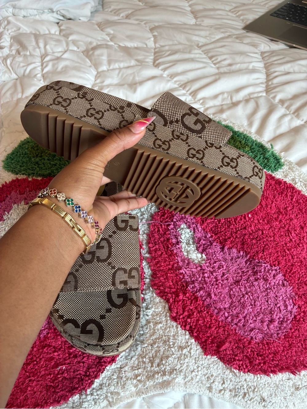Gucci Beige Brown GG Monogram Slide Sandals